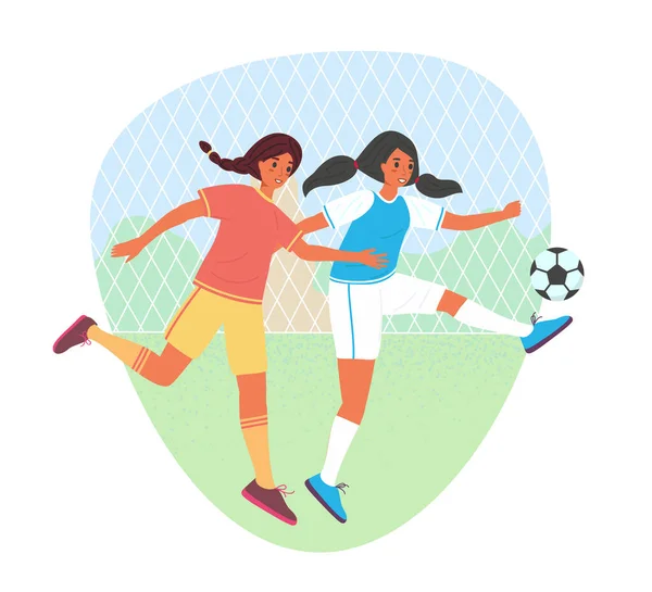 Дві молоді дівчата грають у футбол у шкільному спорті, грають у футбол з плоскою карикатурою. Векторна стокова ілюстрація ізольована на білому тлі . — стоковий вектор