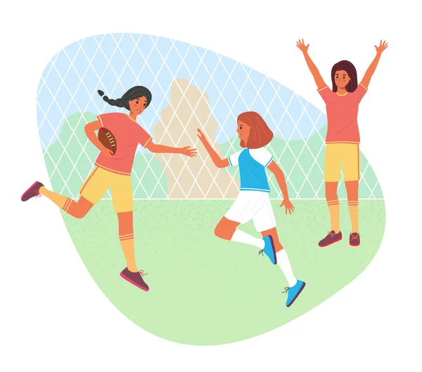 Frauen-Rugby-Wettbewerb, Meisterschaft oder Trainingskonzept, drei flache Cartoon-Mädchen, die auf dem Schulsportplatz spielen. Vektoraktiendarstellung isoliert auf weißem Hintergrund. — Stockvektor