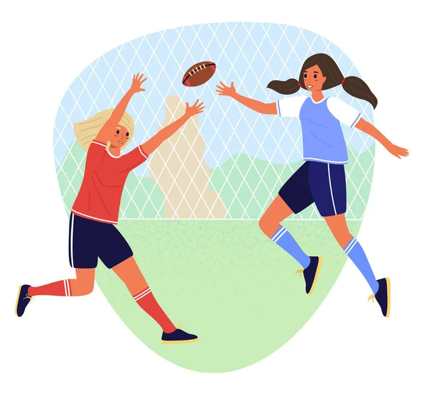 Две студентки играют в регби на школьной спортивной площадке. Плоская иллюстрация векторных запасов мультфильмов на белом фоне . — стоковый вектор