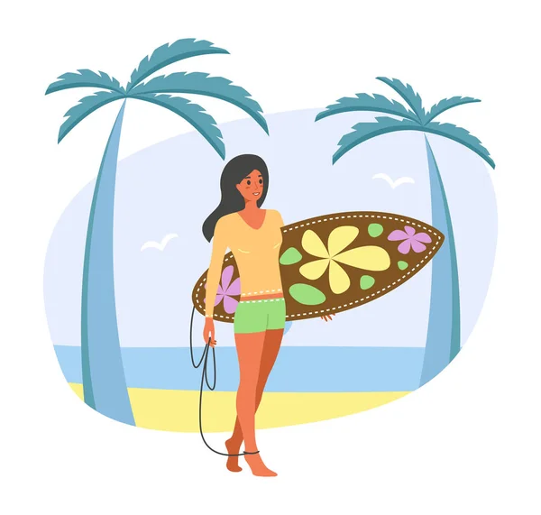 Jovens mulheres em terno de surf caminhadas ao longo do oceano ou do mar, stile desenhos animados plana. Conceito de esportes de verão e atividades ao ar livre de lazer. Menina bronzeada-sol segurando uma prancha de surf - ilustração estoque vetor — Vetor de Stock