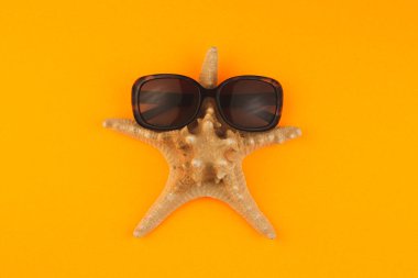 Turuncu arka planda güneş gözlüklü denizyıldızı. Yaz yolculuğu konsepti.