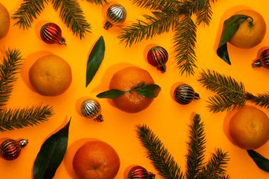 Turuncu arka planda mandalina ve çam iğneleri. Yeni yıl ya da Noel kartı.