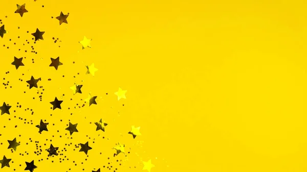 Zlaté hvězdy na žlutém pozadí. Plastové lesklé hvězdy jako jasné pozadí. Vánoční pozadí, Nový rok. — Stock fotografie