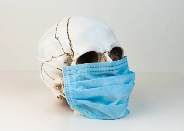 A human skull in a medical mask. Concept of mortality from coronavirus, infection with a deadly virus, pandemic