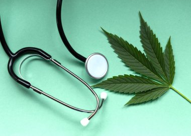 Tıbbi marihuana ve steteskop. Yeşil kenevir yaprakları