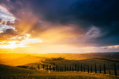 Tuscany, İtalya - 27 Eylül 2017: Güzel Toskana yağmur sonra gün batımında. Girit Senesi sonbaharda selvi ağaçları ile. İtalya, Europe.