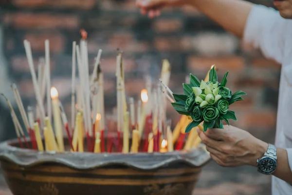 Lotus Flowers Candles Incense Sticks Offered Thai People Asahna Bucha — Stock Photo, Image