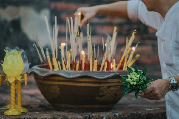 Lotus Flowers Candles Incense Sticks Offered Thai People Asahna Bucha — Stock Photo, Image