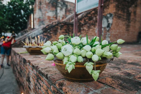 Lotus Flowers Candles Incense Sticks Offered Thai People Asahna Bucha — Stock Photo, Image