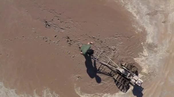 Asian Man Working Rice Fields Tractor Image Taken Drone — Stock Video