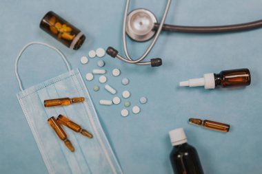 Flat-lay with medical objects. Health-care concept. 