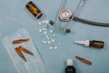 Flat-lay with medical objects. Health-care concept. 