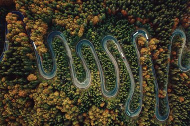 Scenic curvy road seen from a drone in autumn. Cheia, Romania. 