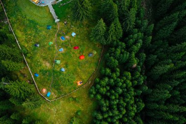 Camping site with tents seen from a drone in the dense woods.