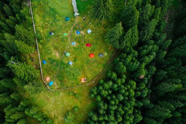 Camping site with tents seen from a drone in the dense woods.