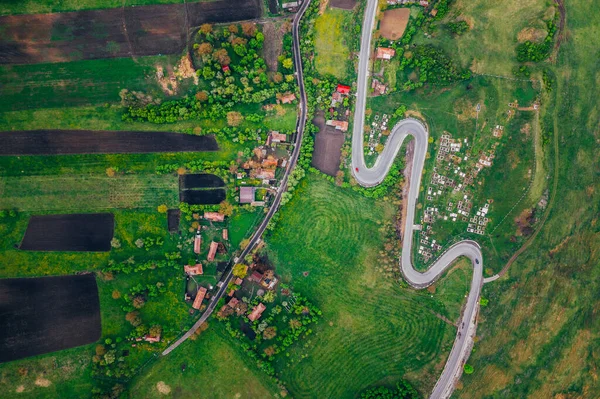 Strada Sinuosa Una Vista Drone Campi Agricoli — Foto Stock