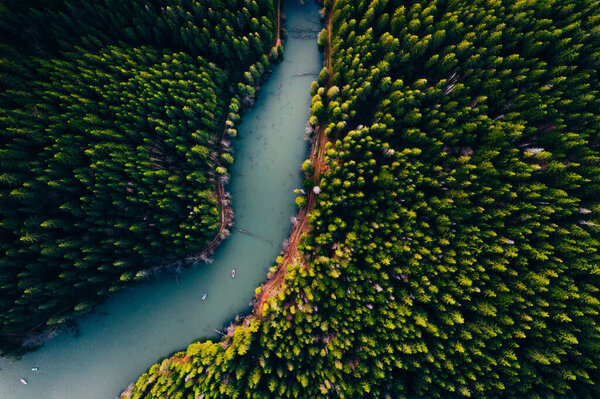 Lake with small boats seen from a drone 