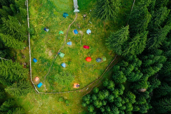 Camping site with tents seen from a drone in the dense woods.