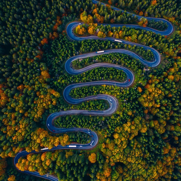 Escénica Carretera Curvada Vista Desde Dron Otoño Cheia Rumania — Foto de Stock