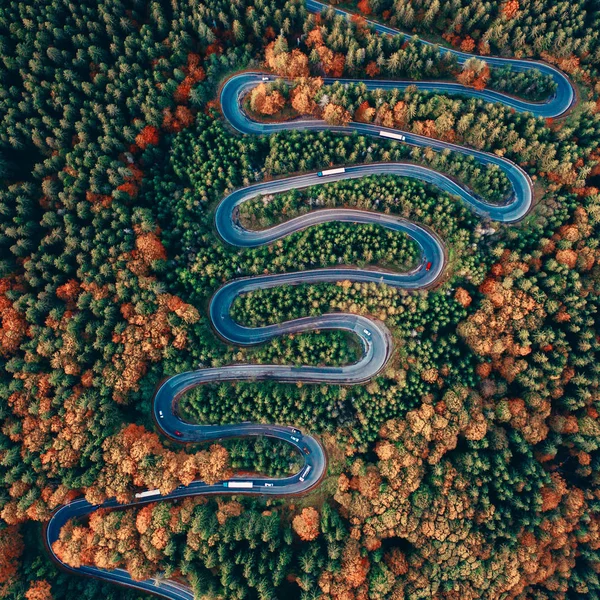 Strada Panoramica Sinuosa Vista Drone Autunno Cheia Romania — Foto Stock