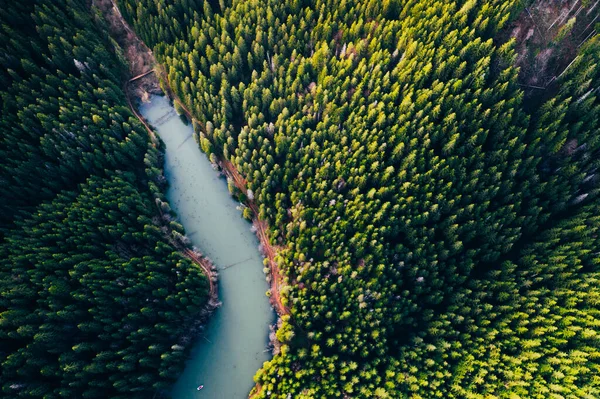 Lake with small boats seen from a drone 