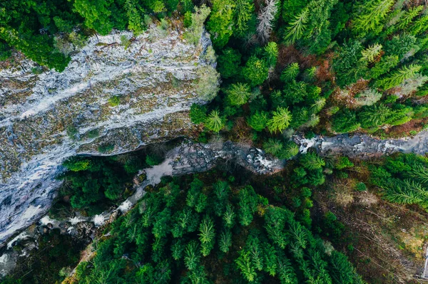 Cordilheira sinuosa através de falésias e florestas vistas de um drone — Fotografia de Stock