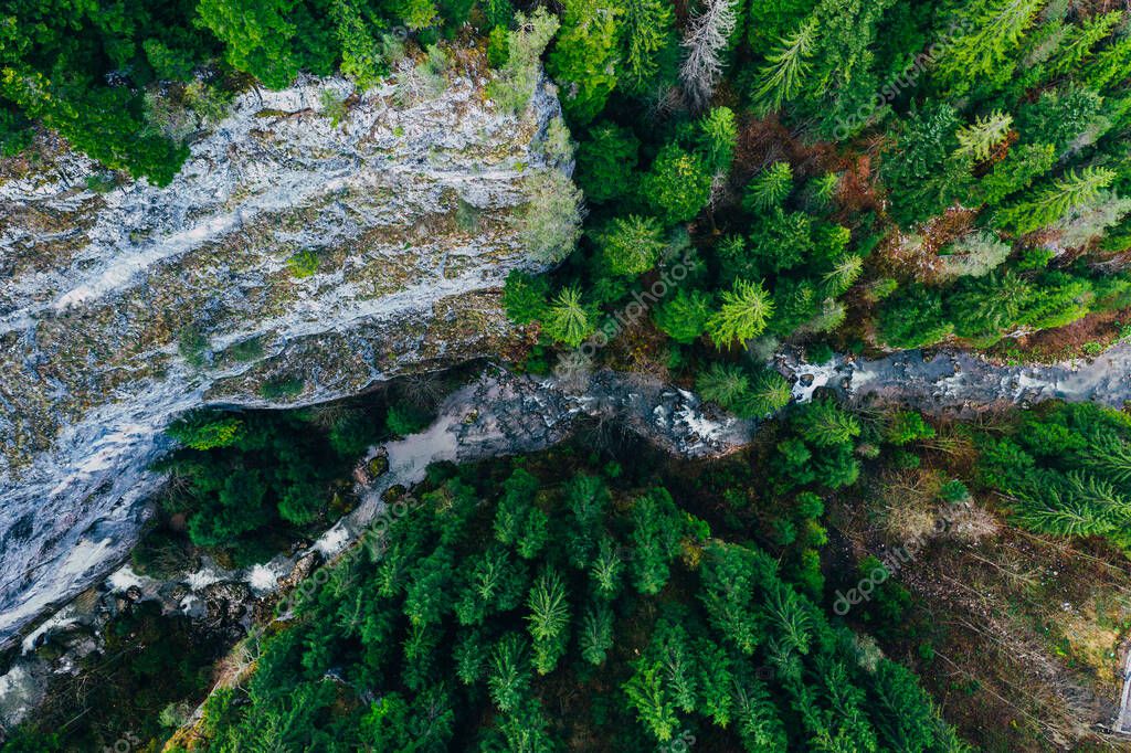 Creek winding through cliffs and forests seen from a drone