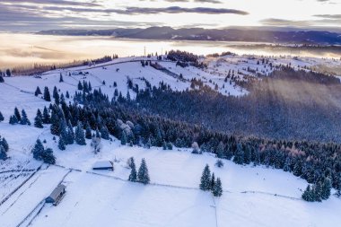 Romanya 'nın Pasul Tihuta kentinde bir kış sabahı İHA' dan görüldü.