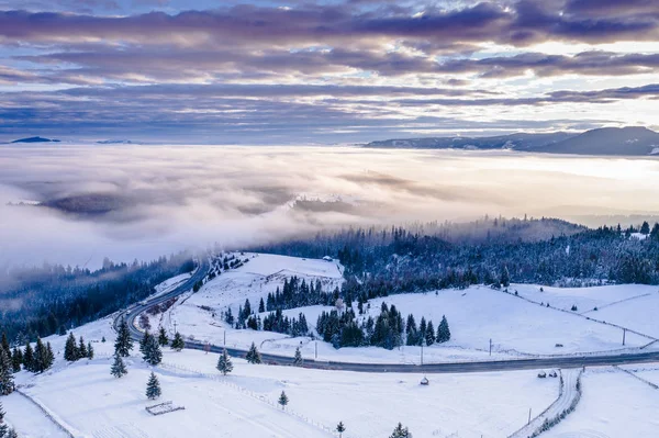 Pasul Tihuta Roumanie Partir Drone Tôt Dans Matinée Hiver — Photo