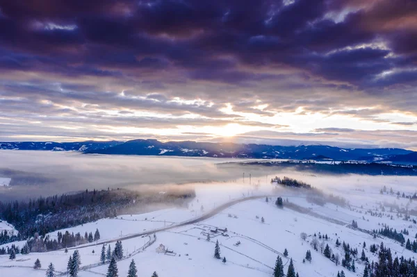 Pasul Tihuta Rumania Visto Desde Dron Temprano Una Mañana Invierno — Foto de Stock