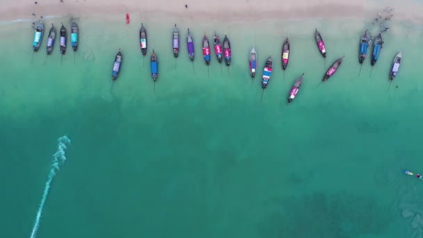 クラビ島 2019年7月18日 熱帯アンダマン海の観光客や伝統的なタイのロングテールボートの空中ビュー — ストック動画