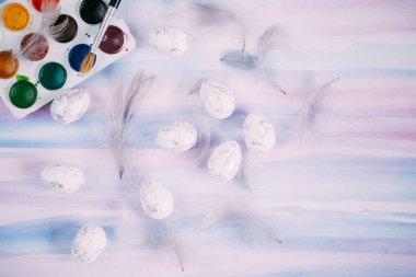 Suluboya ile güzel Paskalya resmi, yumurta ve metin için yeri olan tüyler.