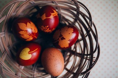 Geleneksel olarak boyanmış Paskalya yumurtaları soğan kabuklarıyla boyanmış ve bitki desenleri var..