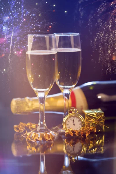 Concept Réveillon Nouvel Avec Bokeh Feux Artifice Verres Champagne — Photo