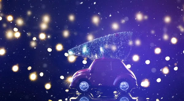 Rotes Auto Mit Weihnachtsbaum Urlaubshintergrund Für Grüße — Stockfoto