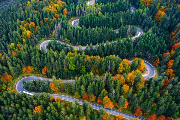 Scénická Křivolaká Cesta Kterou Podzim Viděli Dronu Cheia Rumunsko — Stock fotografie