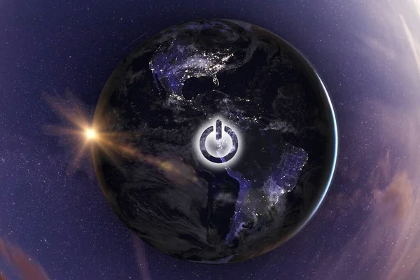Güç düğmeli Dünya Gezegeni açma-kapama düğmeli. Dünya saati / gün etkinliği. Bu görüntünün elementleri Nasa tarafından döşenmiştir.