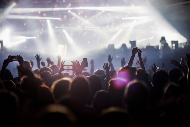 Sahne ışıkları ve bir müzik festivalinde elleri havada seyirci kalabalığı. Taraftarlar parti havasını seviyor.