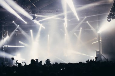 Sahne ışıkları ve bir müzik festivalinde elleri havada seyirci kalabalığı. Taraftarlar parti havasını seviyor.