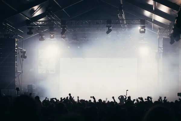 Podiumlichten Publiek Met Opgeheven Handen Een Muziekfestival Fans Genieten Van — Stockfoto