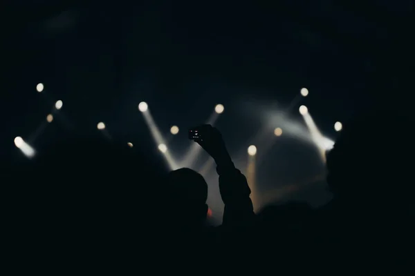 Podiumlichten Publiek Met Opgeheven Handen Een Muziekfestival Fans Genieten Van — Stockfoto