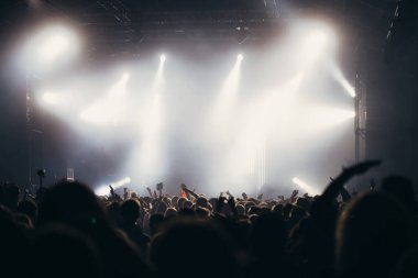 Sahne ışıkları ve bir müzik festivalinde elleri havada seyirci kalabalığı. Taraftarlar parti havasını seviyor.