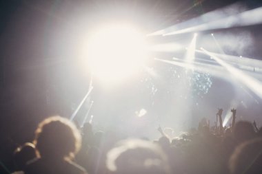 Sahne ışıkları ve bir müzik festivalinde elleri havada seyirci kalabalığı. Taraftarlar parti havasını seviyor.