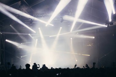 Sahne ışıkları ve bir müzik festivalinde elleri havada seyirci kalabalığı. Taraftarlar parti havasını seviyor.