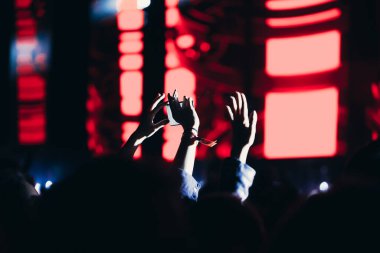 Sahne ışıkları ve bir müzik festivalinde elleri havada seyirci kalabalığı. Taraftarlar parti havasını seviyor.