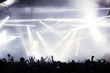 Sahne ışıkları ve bir müzik festivalinde elleri havada seyirci kalabalığı. Taraftarlar parti havasını seviyor.