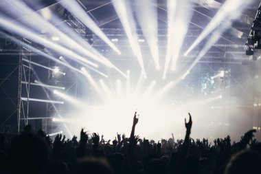 Sahne ışıkları ve bir müzik festivalinde elleri havada seyirci kalabalığı. Taraftarlar parti havasını seviyor.