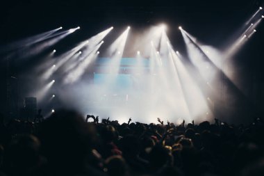 Sahne ışıkları ve bir müzik festivalinde elleri havada seyirci kalabalığı. Taraftarlar parti havasını seviyor.