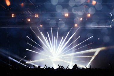 Sahne ışıkları ve bir müzik festivalinde elleri havada seyirci kalabalığı. Taraftarlar parti havasını seviyor.