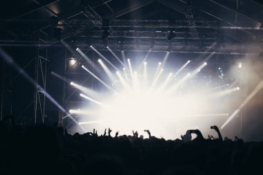 Sahne ışıkları ve bir müzik festivalinde elleri havada seyirci kalabalığı. Taraftarlar parti havasını seviyor.